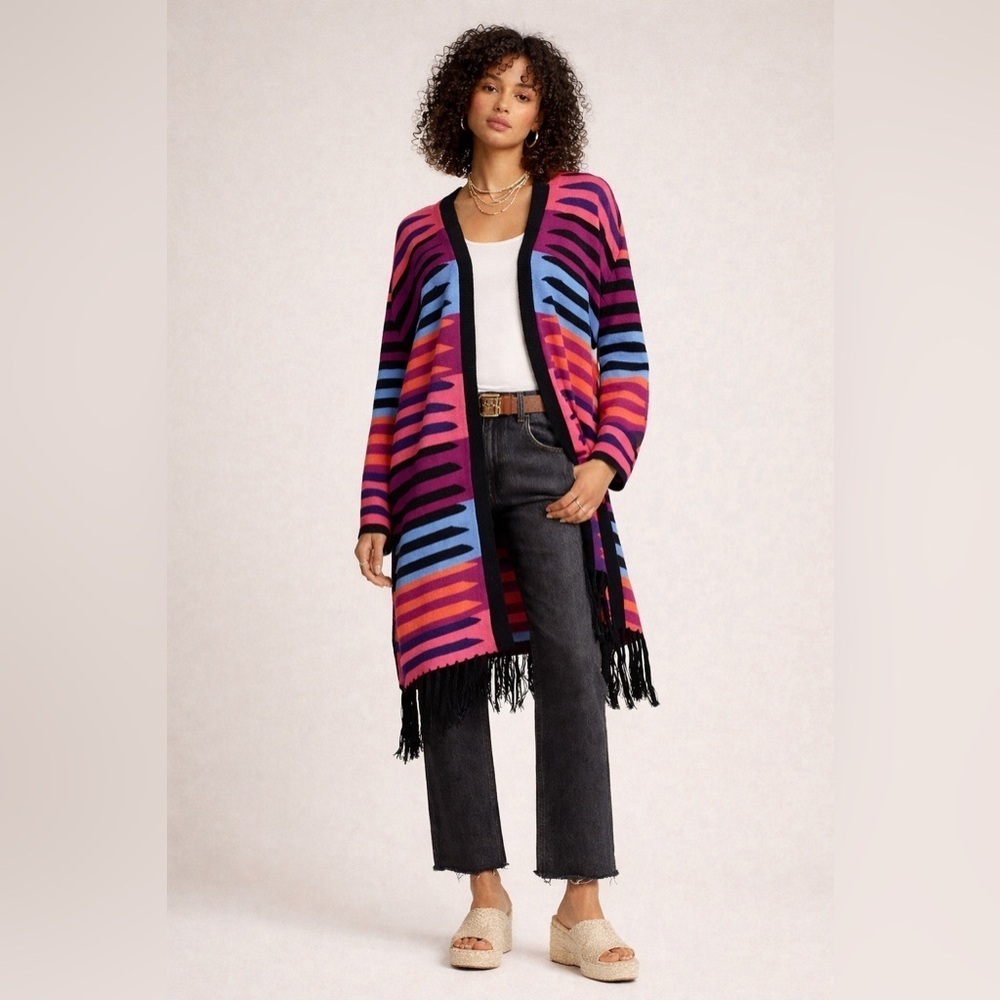 Mara Hoffman multicolor-striped fringe longline open front cardigan.